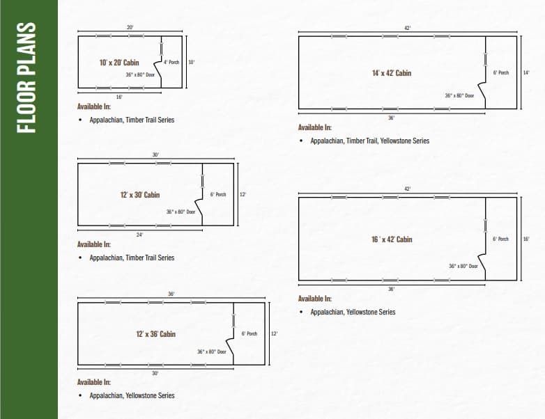 Cabin floor plans showing five different sizes