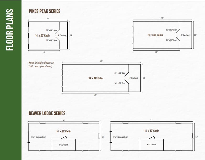 Pikes Peak and Beaver Lodge Series floor plans showing 14x20, 14x30, 14x40, 14x36, and 14x42 cabin layouts