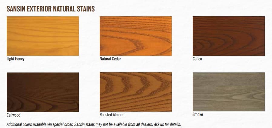 Sansin exterior natural wood stain color samples including Light Honey, Natural Cedar, Calico, and more